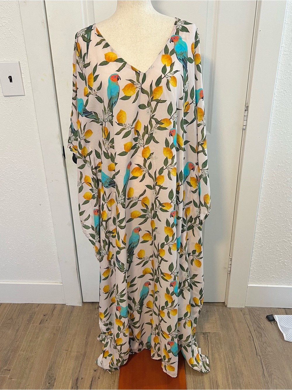 NicoBlu Flora Kaftan Parrot and Lemon Print Dress / Swimsuit Coverup Resortwear